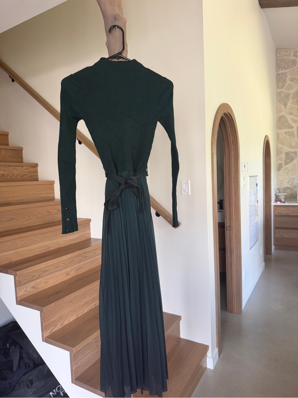 Ever New Dark Green Long Sleeve Pleated Maxi Dress with Waist Tie